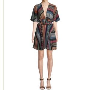 SAYLOR Mini Dress Striped Pleated Ruffle‎ Multicolor V-Neck Flared Sleeve